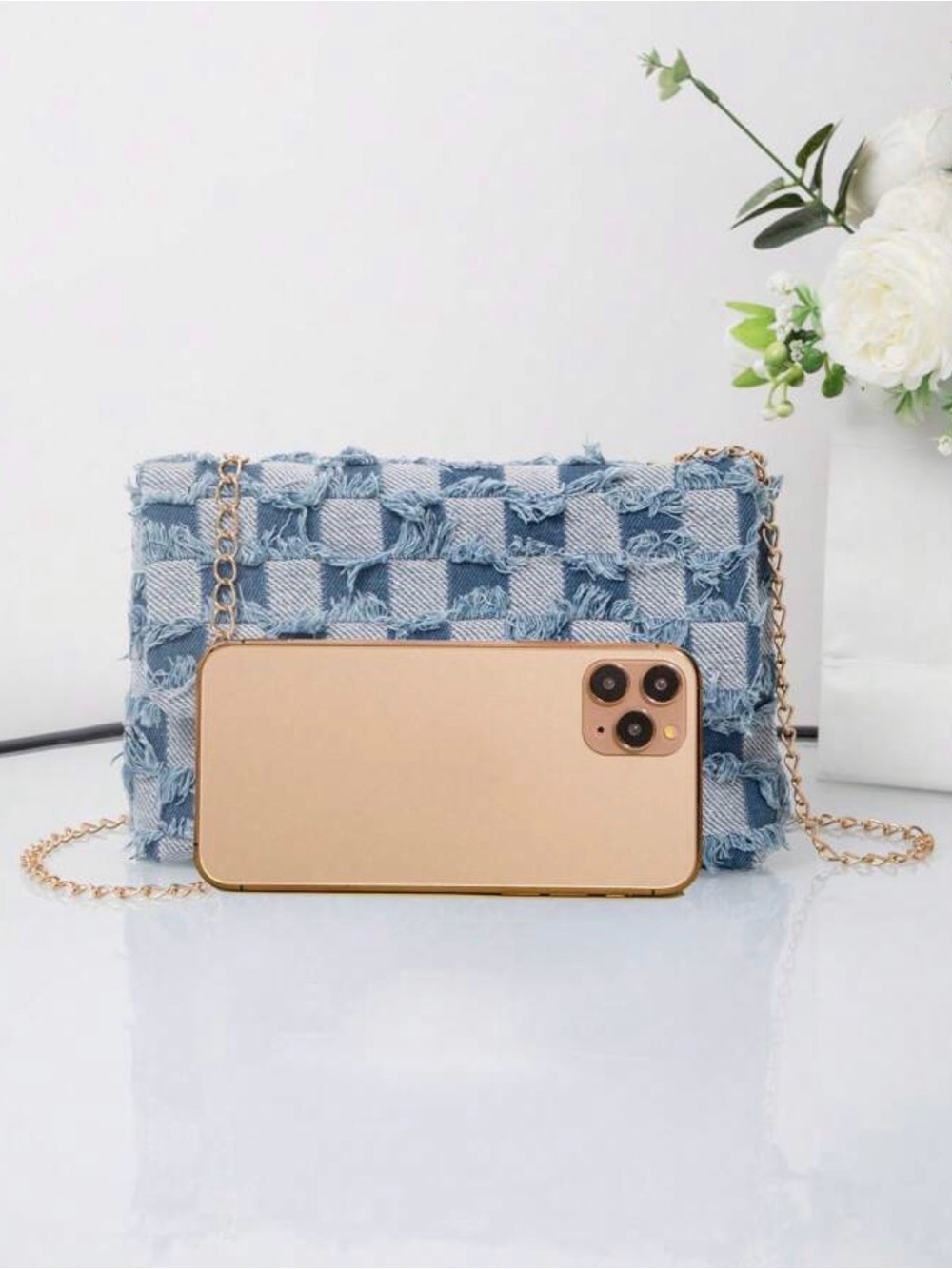 Frayed Light Blue Woven Denim Crossbody Bag with Gold Chain - Picture 4 of 6